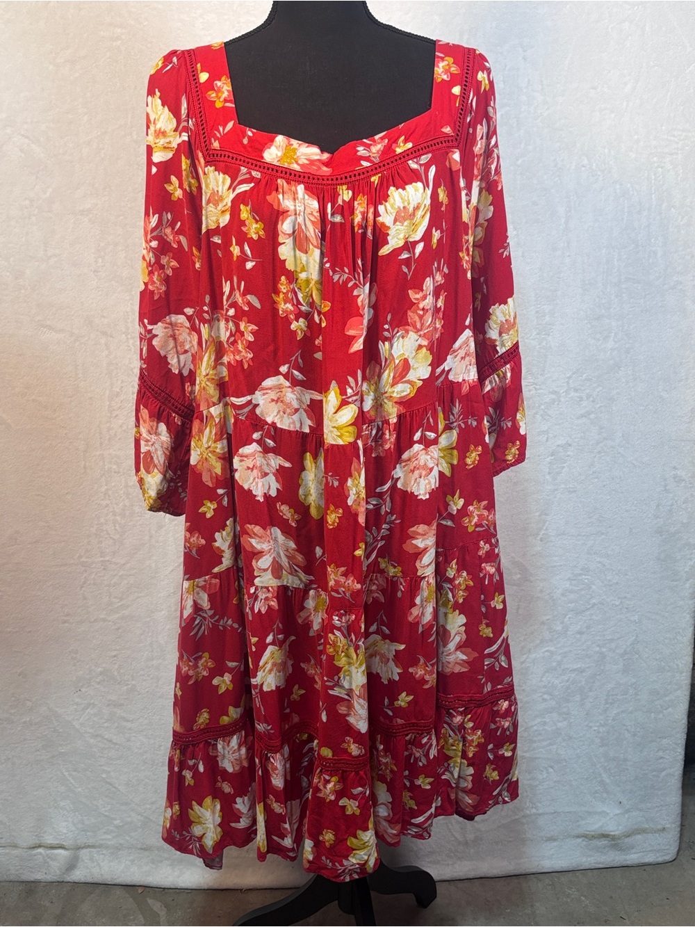 Cato Boho Floral Tiered Dress Square Neck Long Bell Sleeve Pockets Plus Sz 22/24